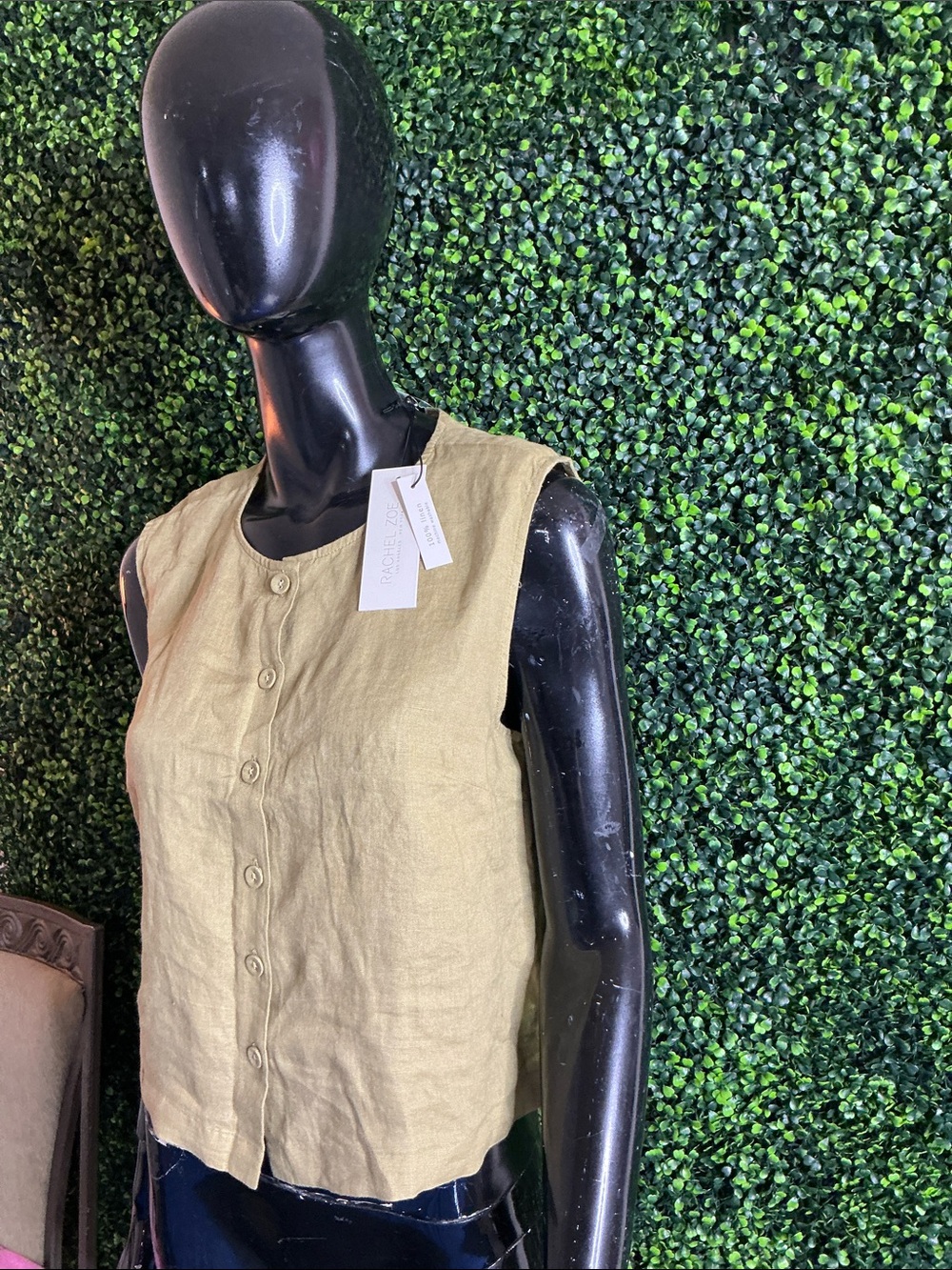 Rachel Zoe Olive Green Linen Button-Front Sleeveless Top - Picture 3 of 10
